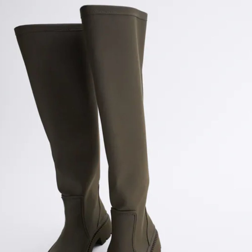 NWT Zara Low Heeled Khaki Green Rubberized Boots 8 - Picture 7 of 8
